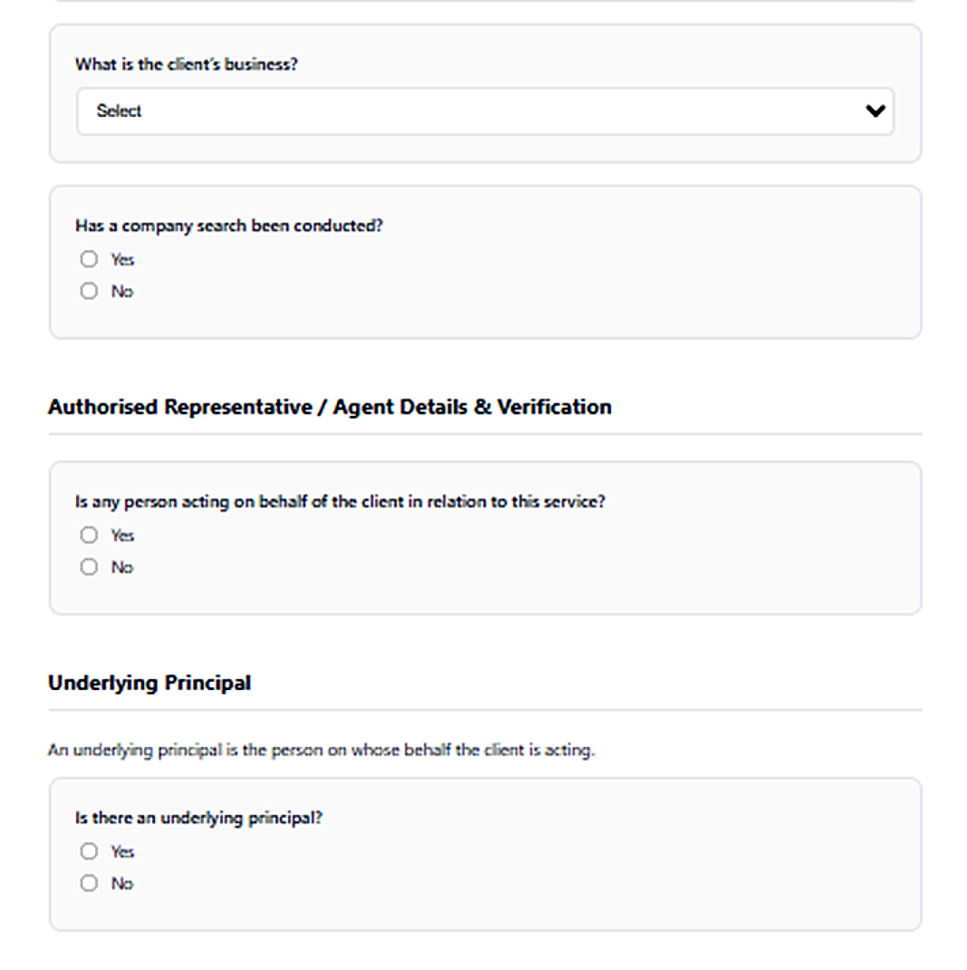 Initial KYC form and integrated risk inputs